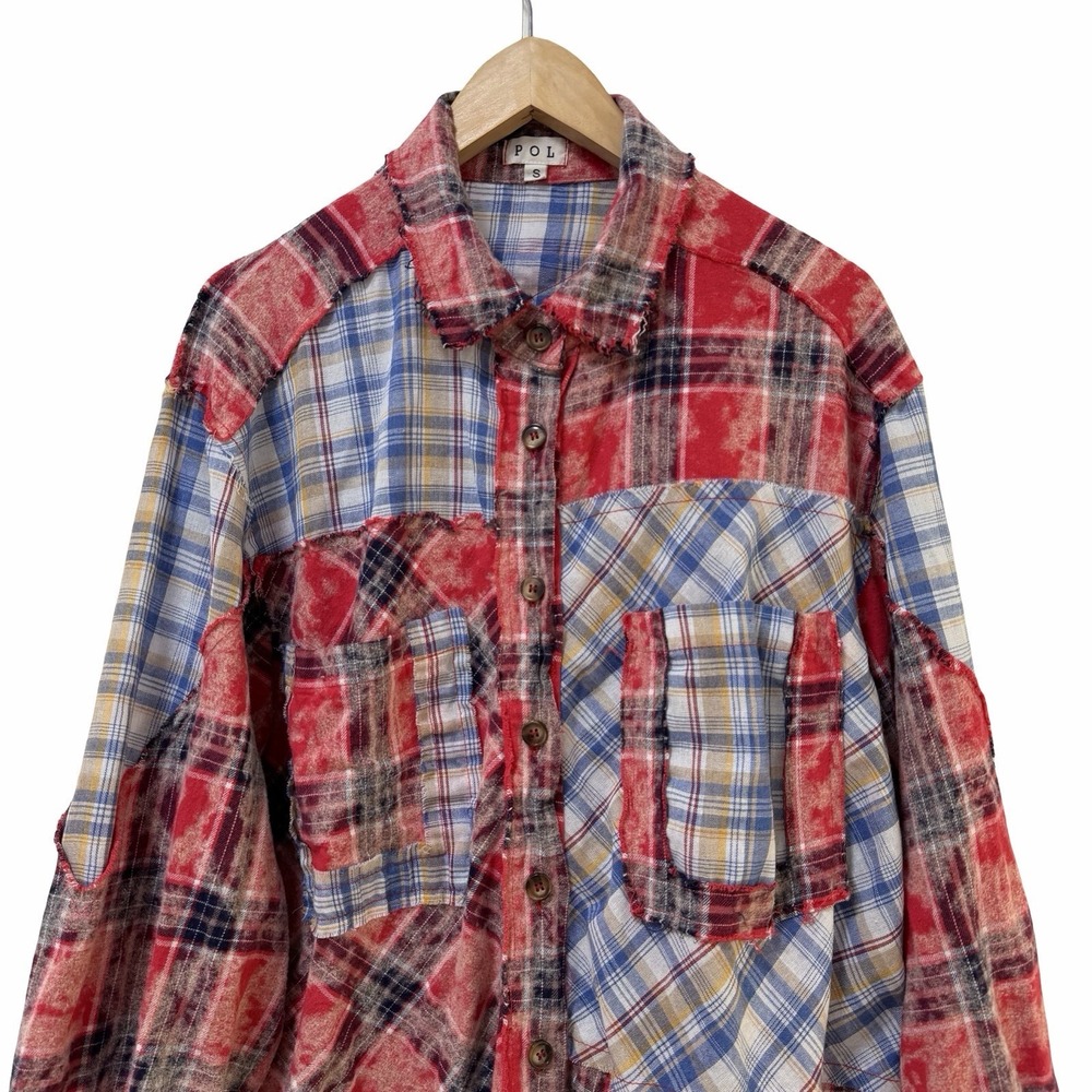 POL Womens Patchwork Flannel Plaid Button Up Shirt S Red Western Boho Raw Hem - Picture 3 of 9